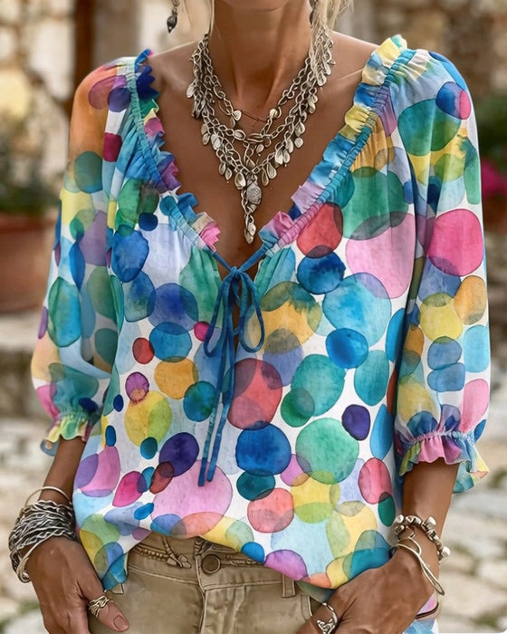 Blouse V-Hals Met Ruche Mouwen