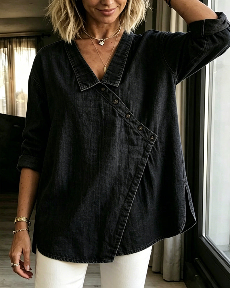 Blouse Effen Diagonale Knoop Knoopsgat Langmouw