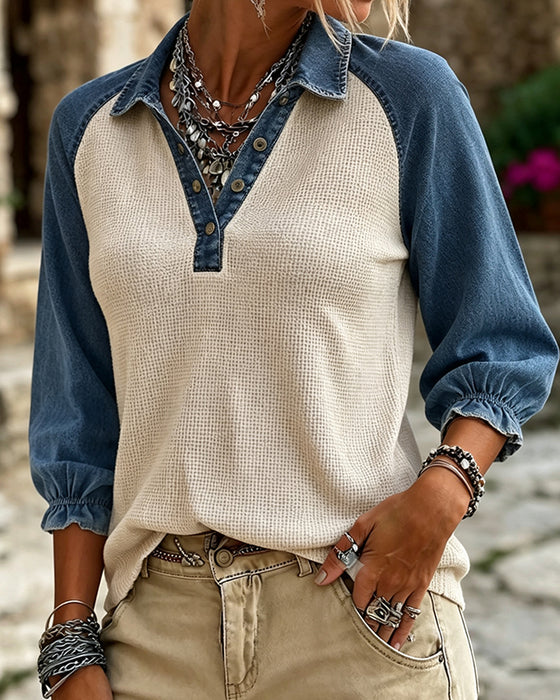 Blouse V-Hals Wafel Textuur Contrast Denim
