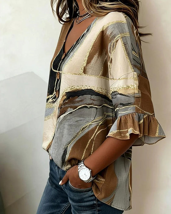 Blouse V-Hals Knoop Uitlopende Mouw