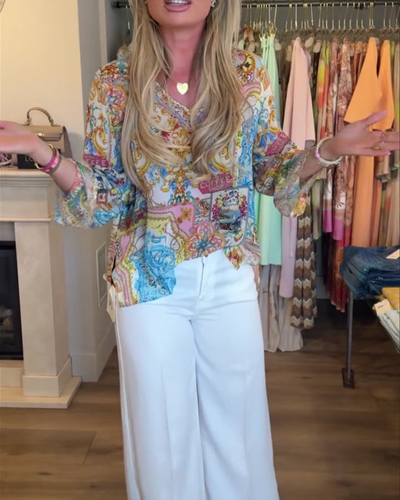 Blouse V-Hals Bohemian Print Casual