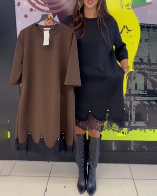 Jurk Elegant Kant Gespleten Ronde Hals