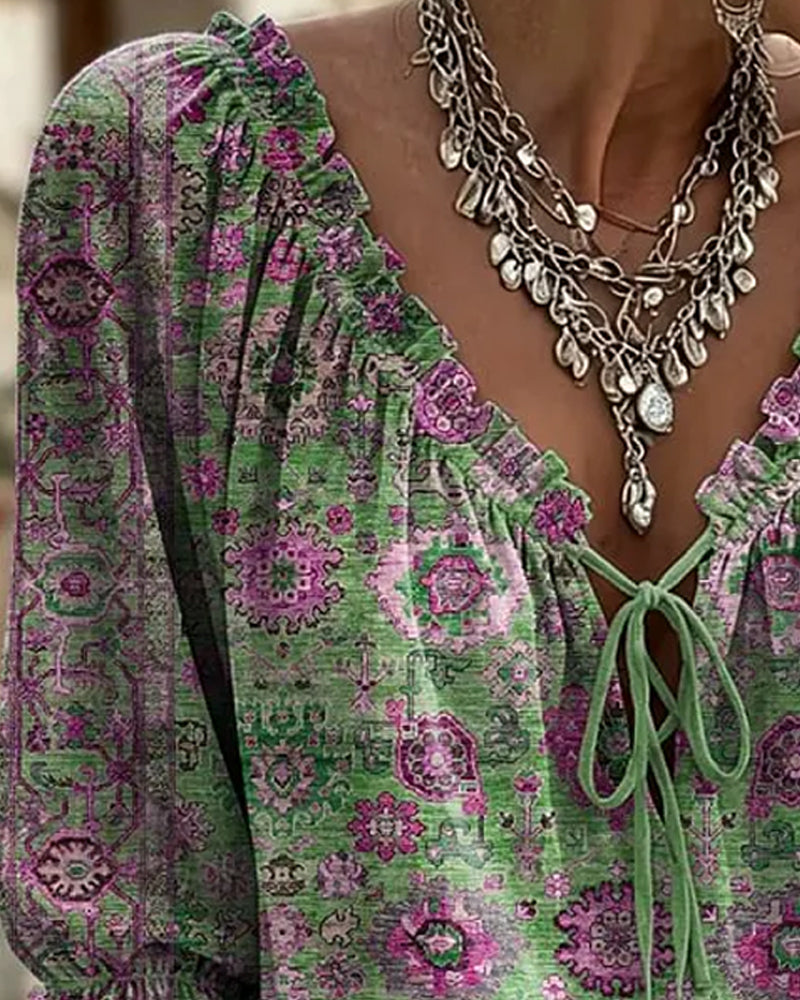 Blouse V-Hals Strik Vintage Print