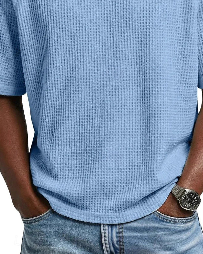 Heren V-Hals T-Shirt Met Wafelstructuur, Casual Short-Sleeve Top In Effen Kleur