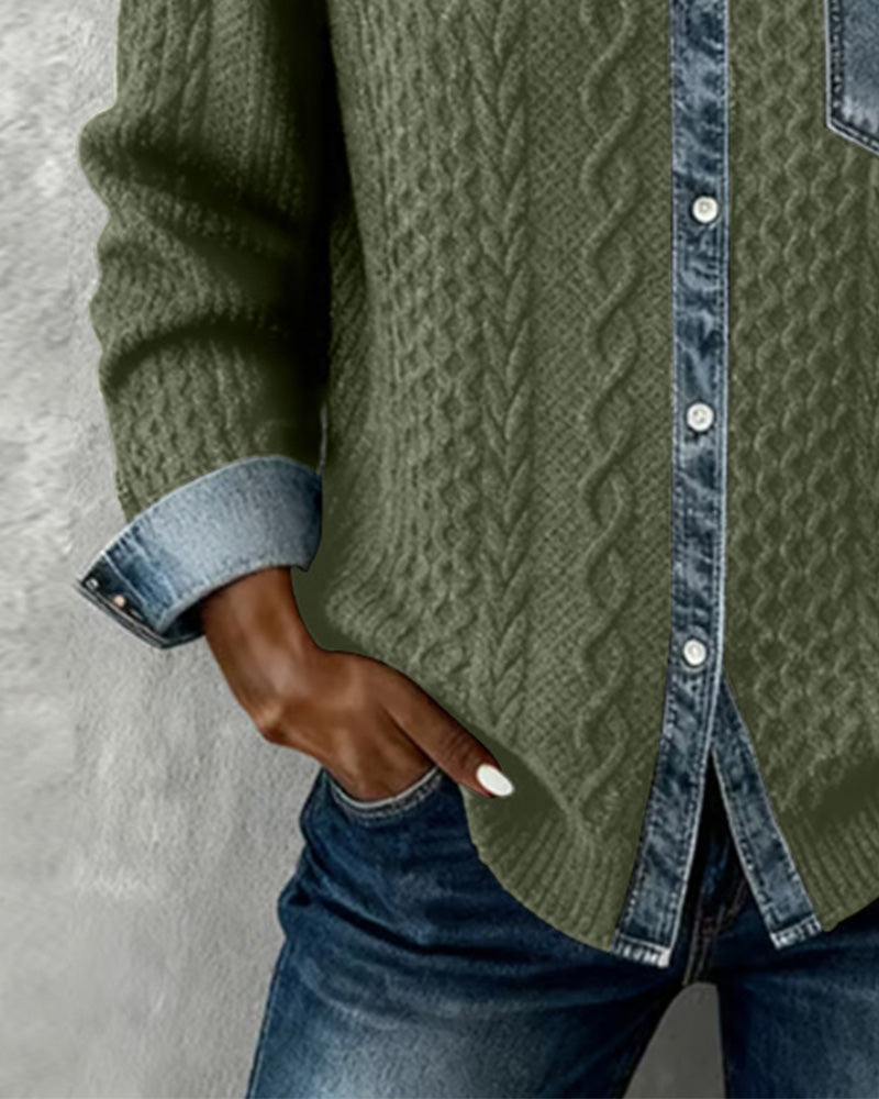 Langmouwige Blouse Met Denim-Patchwork