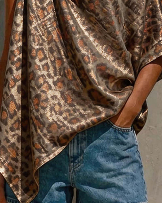 Blouse Goud Folie Luipaard Een-Schouder Twist
