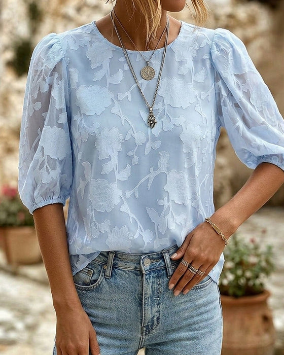 Ronde Hals Blouse Met Pofmouwen