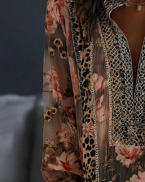 Blouse Bloemen Luipaard Lange Mouw