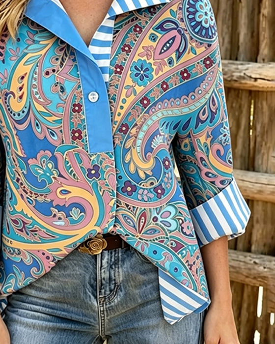 Blouse Patchwork Bloemen Afdruk Casual