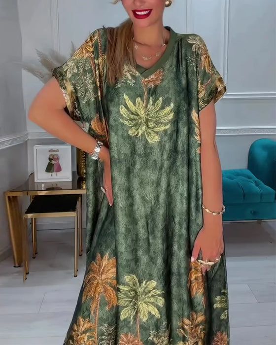 Jurk V-Hals Palmboom Print Korte Mouw Lang