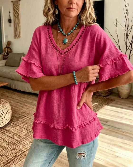 Blouse Uitsnijding Franjes V-Hals Uitlopende Mouw