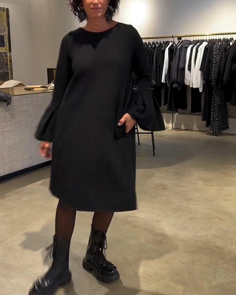 Jurk Effen Wijd Uitlopende Mouw Gerimpeld