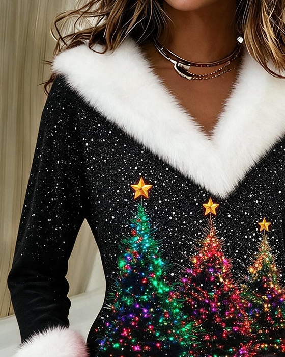 Top Kerstboom Print Pluche V-hals