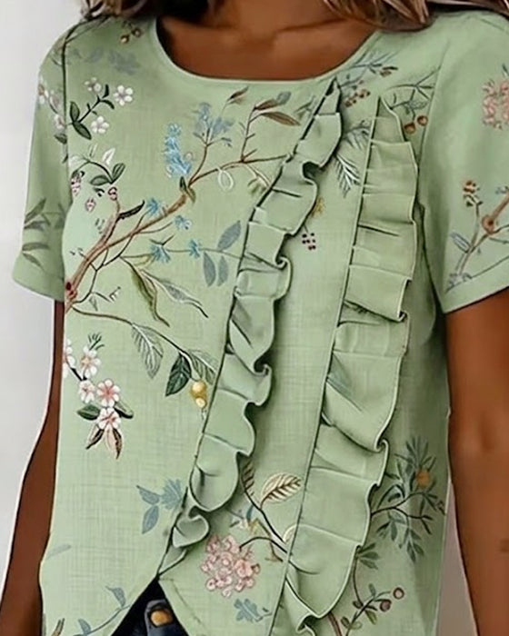 Blouse Ronde Hals Korte Mouw Ruche Bloemen