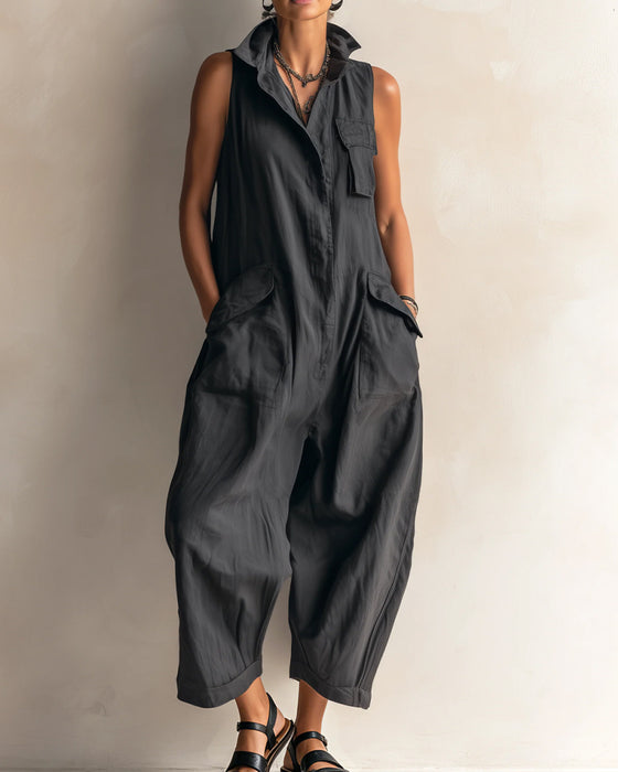 Jumpsuit Knoopsgat Mouwloos Zak Cargo