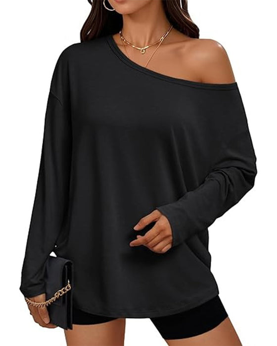 T-Shirt Een-Schouder Effen Lange Mouw