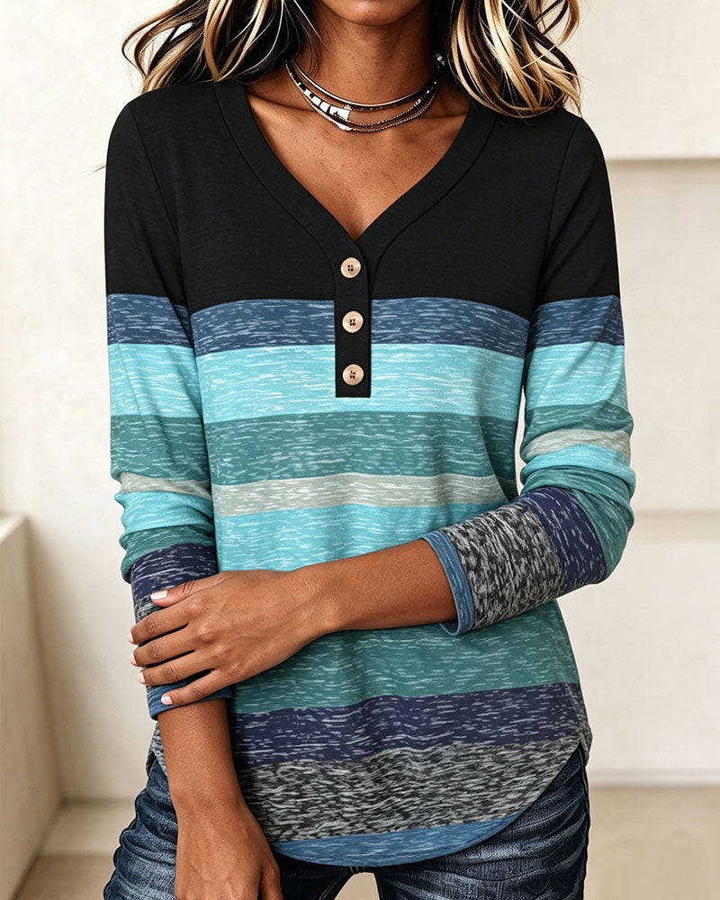 Top V-hals Knoopsluiting Gestreept Contrast