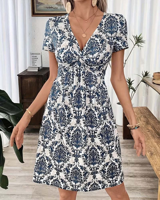 Jurk V-Hals Gerimpeld Hoge Taille Bohemien