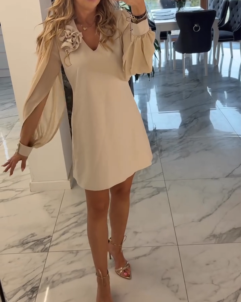 Jurk Driedimensionale Bloem V-hals Lantaarn Mouw