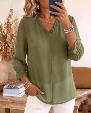 Blouse V-Hals Ruffle Kant Patchwork