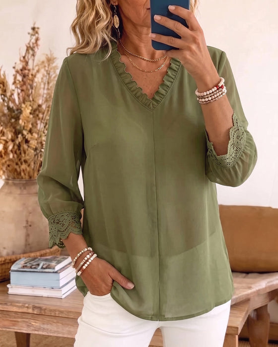 Blouse V-Hals Ruffle Kant Patchwork
