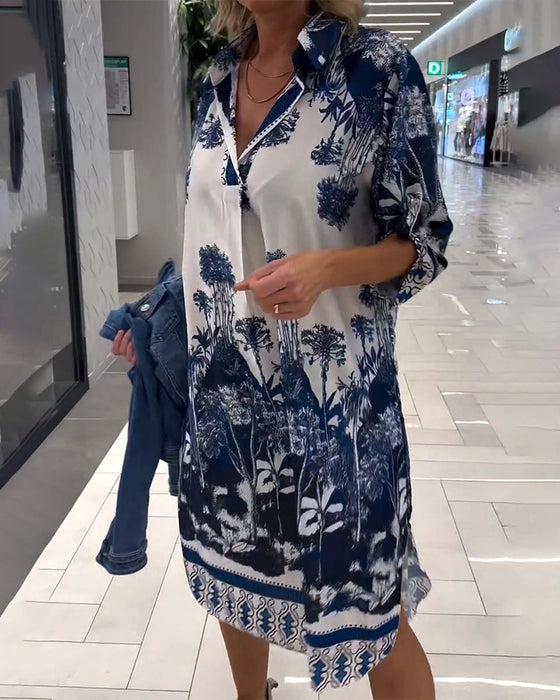 Casual jurk met revers en driekwart mouwen met botanische print