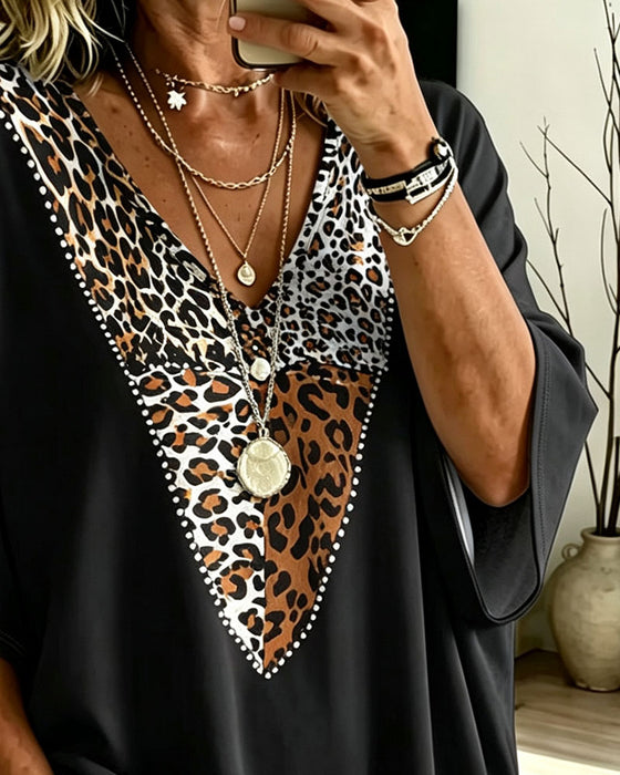 T-Shirt Losse Vleermuismouw V-Hals Luipaardprint