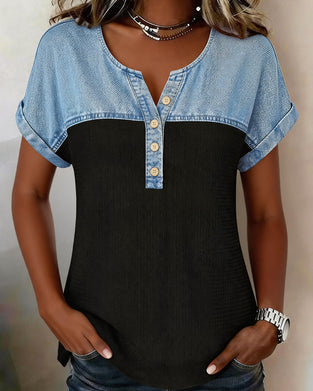 Blouse Denim Patchwork Korte Mouw