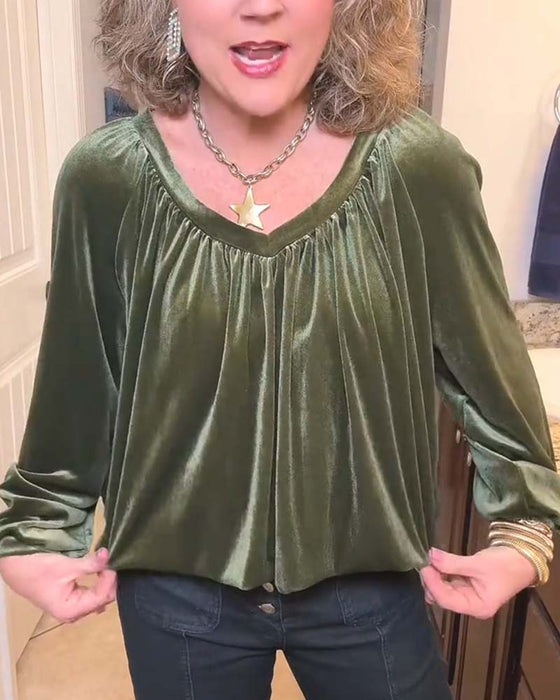 Blouse V-Hals Gerimpeld Uitsnede Lange Mouw
