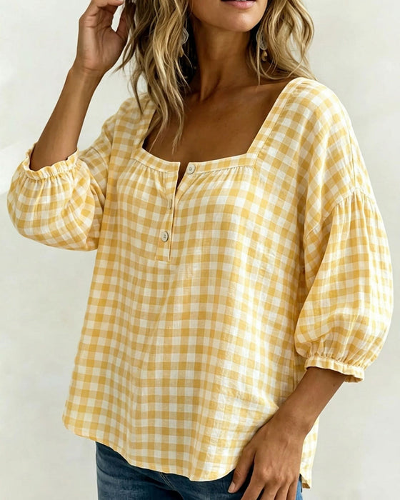 Blouse Vierkante Hals Knoopsluiting Ruit