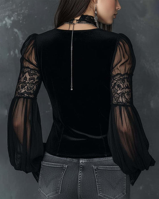 Blouse Dichtgeknoopt V-Hals Poofmouw