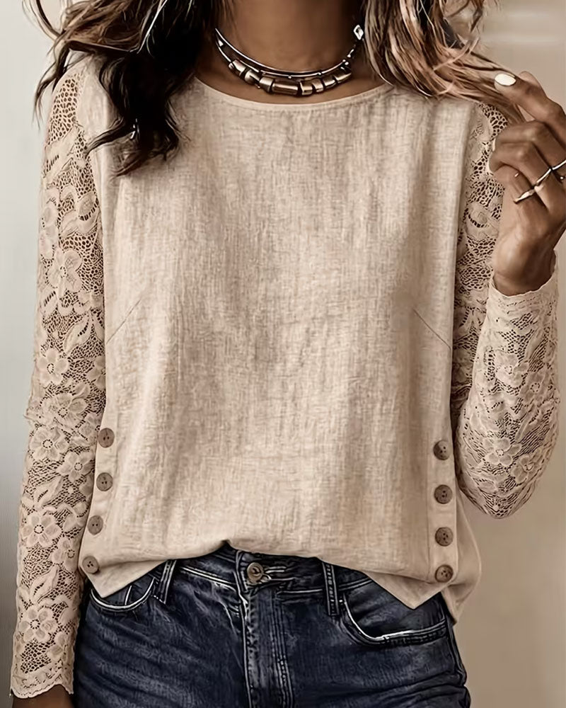 Blouse Ronde Hals Geknoopt Kant Patchwork Lange Mouw