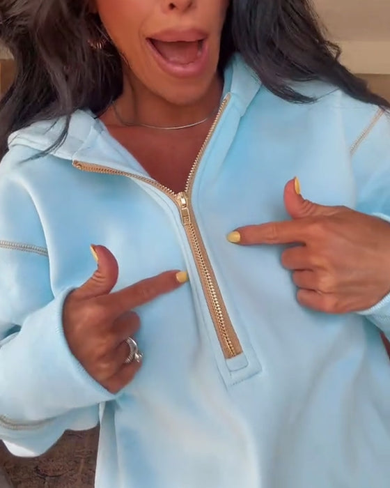 Sweatshirt casual met capuchon, effen kleur en rits