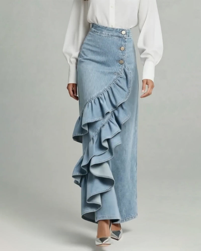 Denim Broek Modieus Ruches Rand