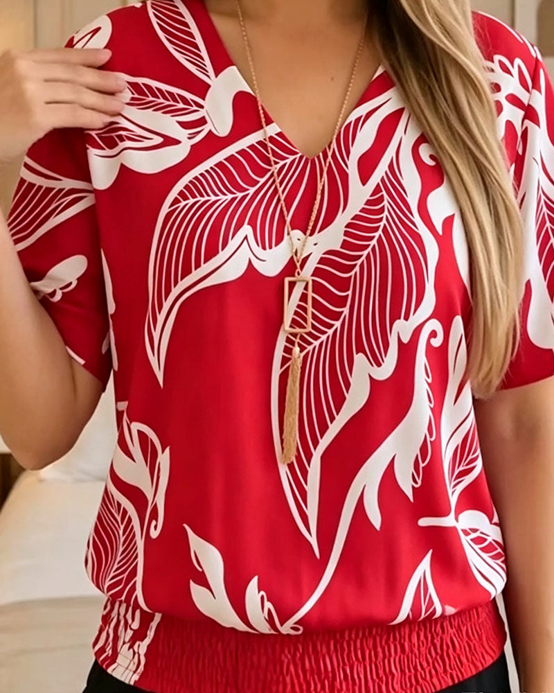 Blouse Bloemenprint Elastische Zoom Korte Mouw