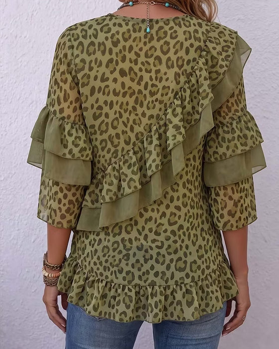 Blouse V-Hals Ruffle Luipaard