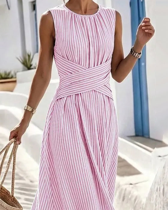 Jurk Streep Twist Taille Mouwloos Maxi