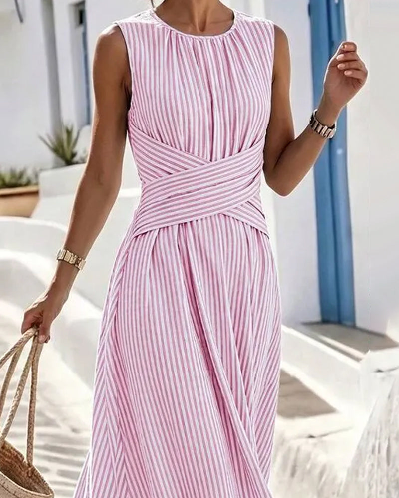 Jurk Streep Twist Taille Mouwloos Maxi