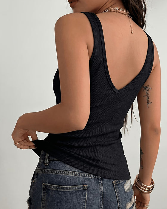 Tanktop Zwart Geribbeld Uitsnijding Casual