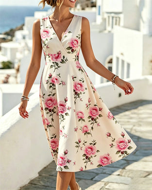 Jurk Bloemen V-Hals Mouwloos Taille A-Lijn