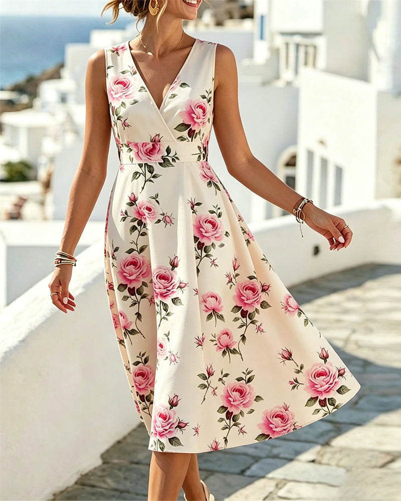Jurk Bloemen V-Hals Mouwloos Taille A-Lijn