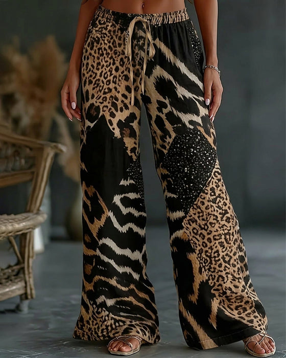 Broek Luipaard Print Patchwork Wijde Pijp Casual