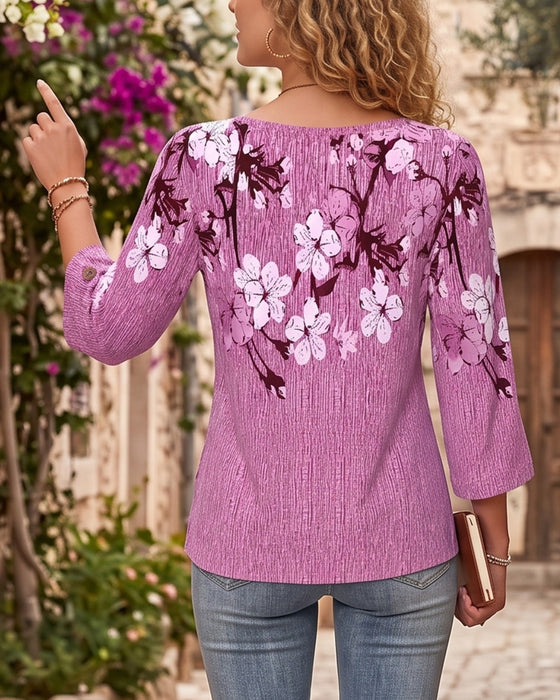 Blouse Ronde Hals Bloemig Onregelmatig Ellebooglange Mouw