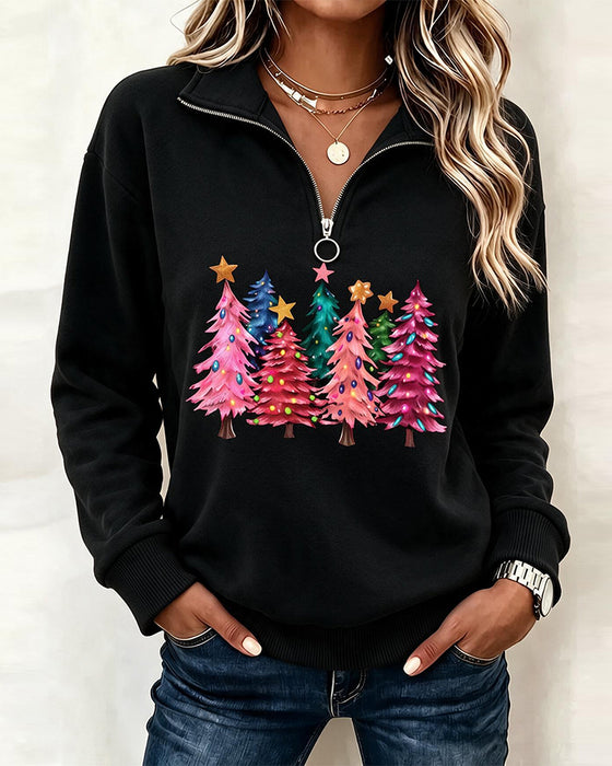 Sweatshirt Half-Zip Kerstboom Print