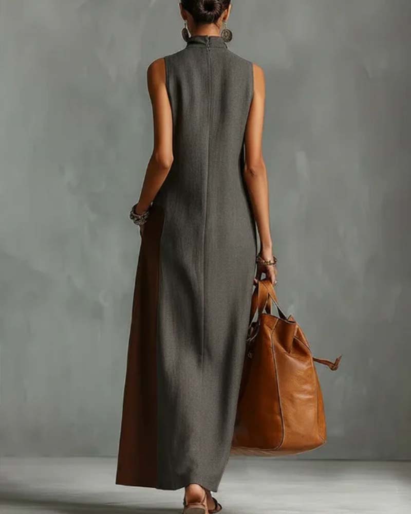 Jurk Hoge Hals Asymmetrisch Patchwork Mouwloos