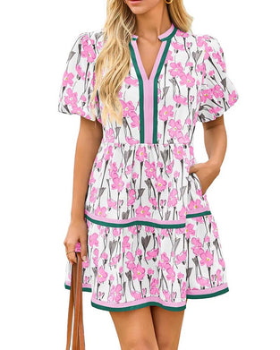 Jurk V-Hals Bloemen Ballon Mouw Patchwork