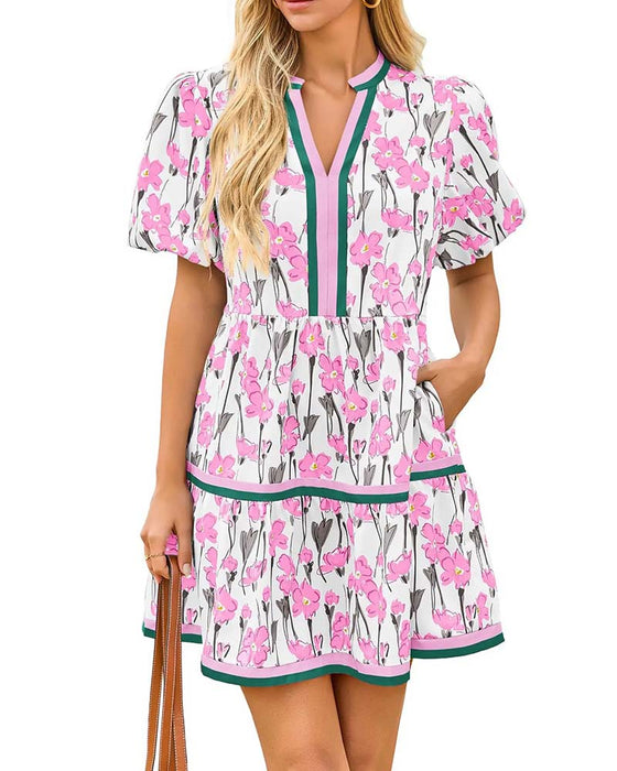 Jurk V-Hals Bloemen Ballon Mouw Patchwork