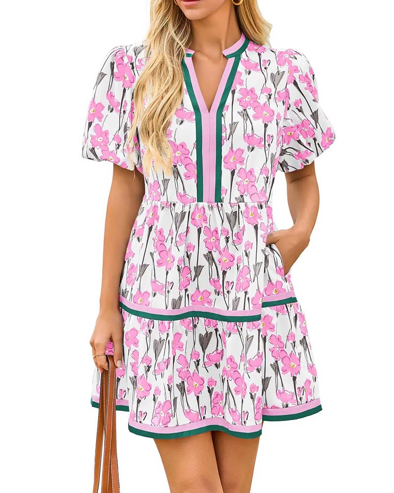 Jurk V-Hals Bloemen Ballon Mouw Patchwork
