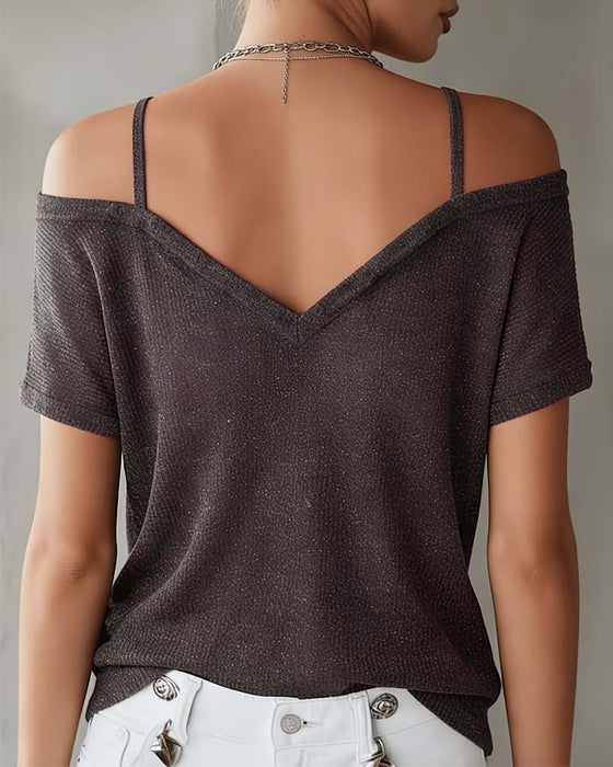 T-Shirt Met Versierde Koude Schouderband V-Hals