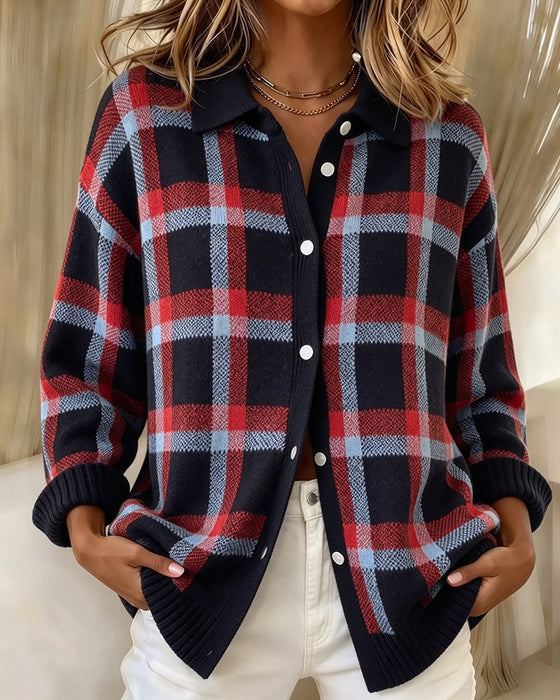 Cardigan Rever Geknoopt Geruit Wijd